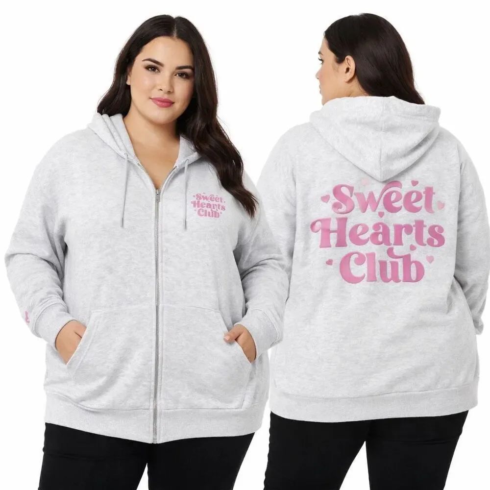 Sugar Kiss Sweet Hearts Club Graphic Zip Hoodie 2X Gray Pink Streetwear NWT
